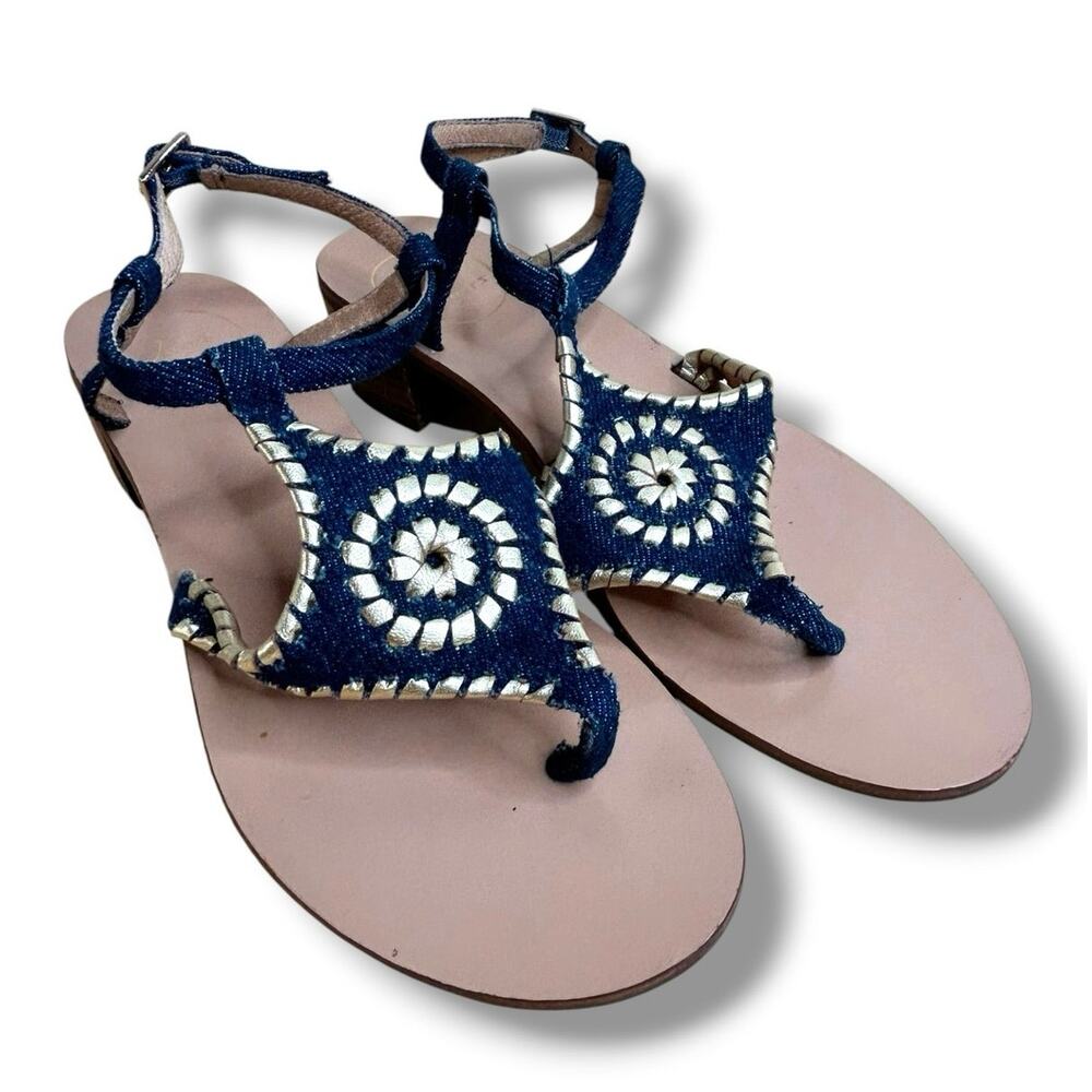 Jack Rogers Blue Jean Denim Gold Leather Thong Ankle Strap Sandals Womens Size 8